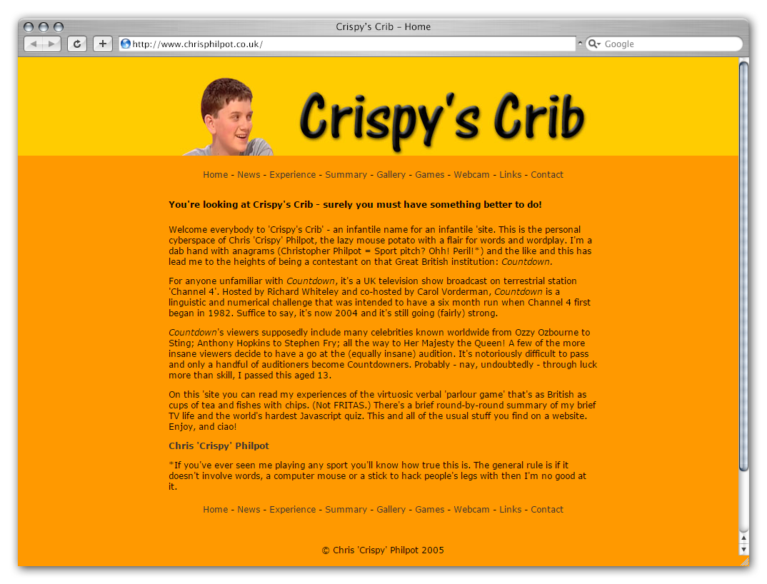 A mock-up of my third website ‘Crispy's Crib’ as it might have looked in Safari.