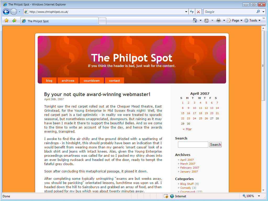 A mock-up of my fourth website ‘The Philpot Spot’ as it might have looked in Internet Explorer 7.
